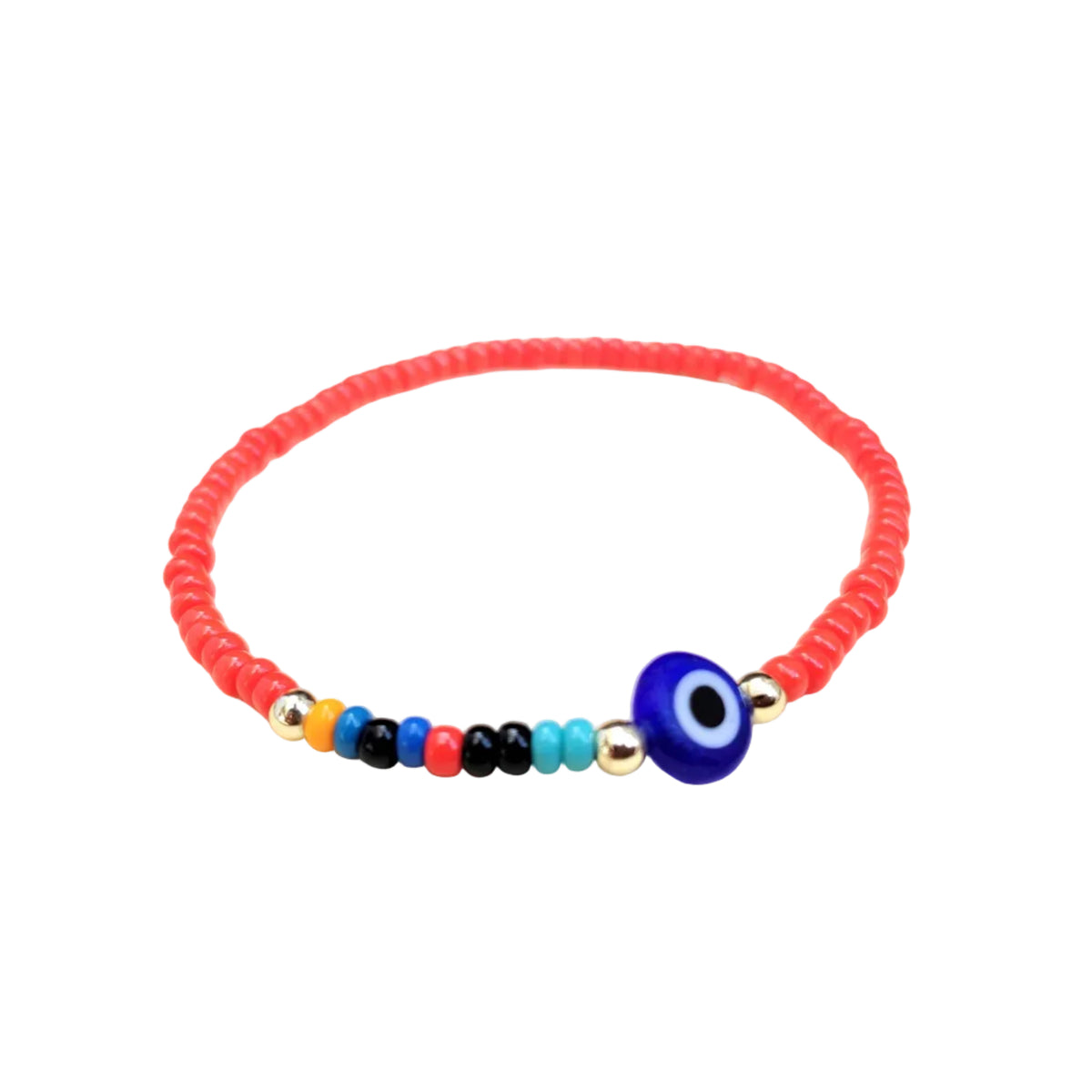Colorful beaded bracelet with an evil eye charm on a white background
