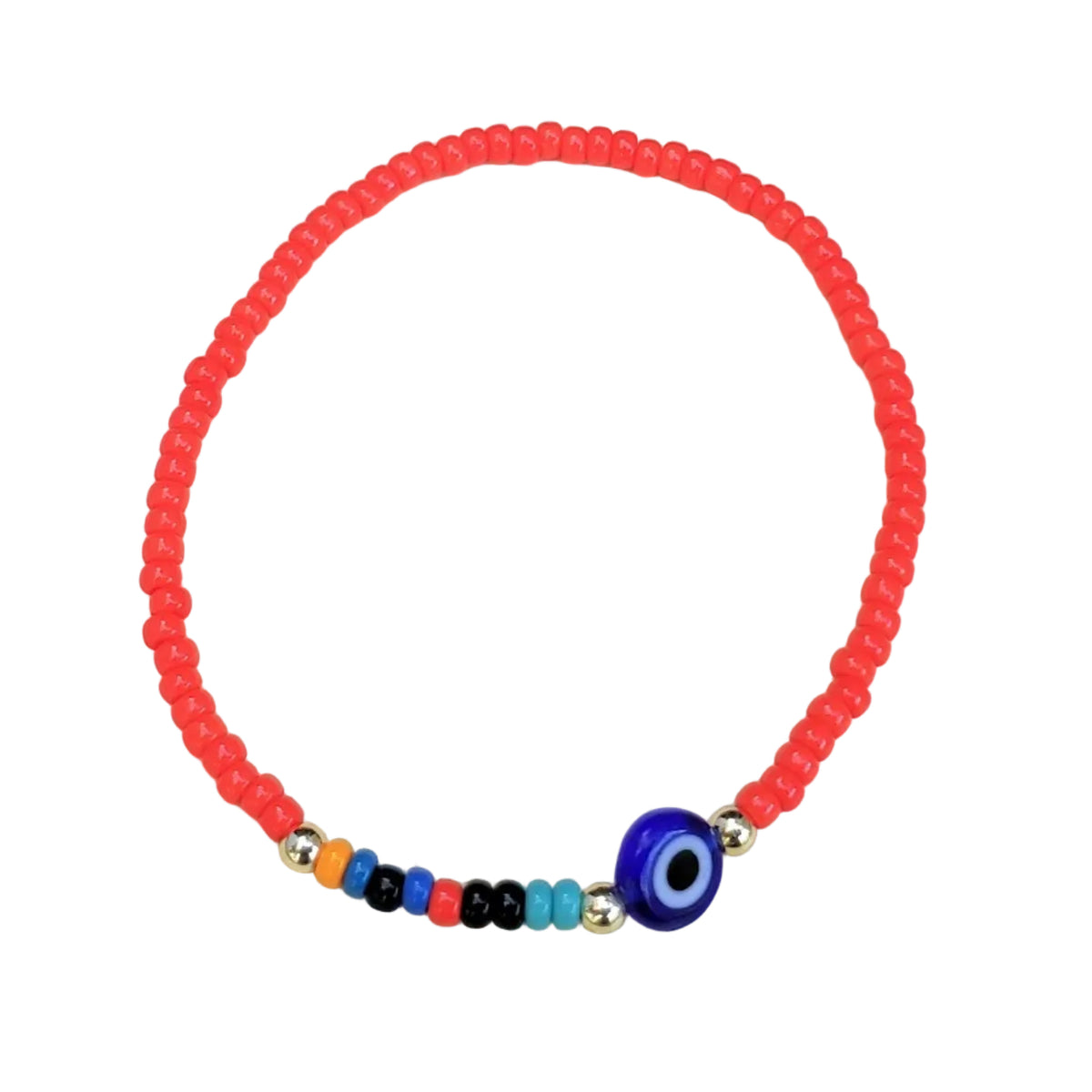 Bracelet with red beads and a blue evil eye bead on a white background