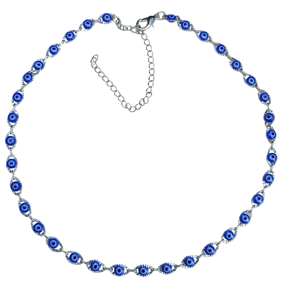 Silver evil eye necklace with small round eye beads on a white plate