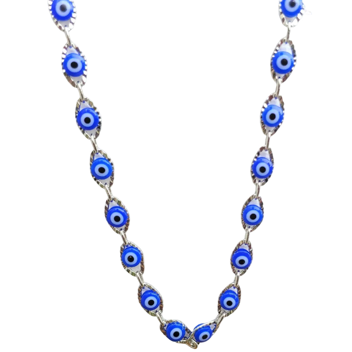 Necklace with blue evil eye beads on a white background
