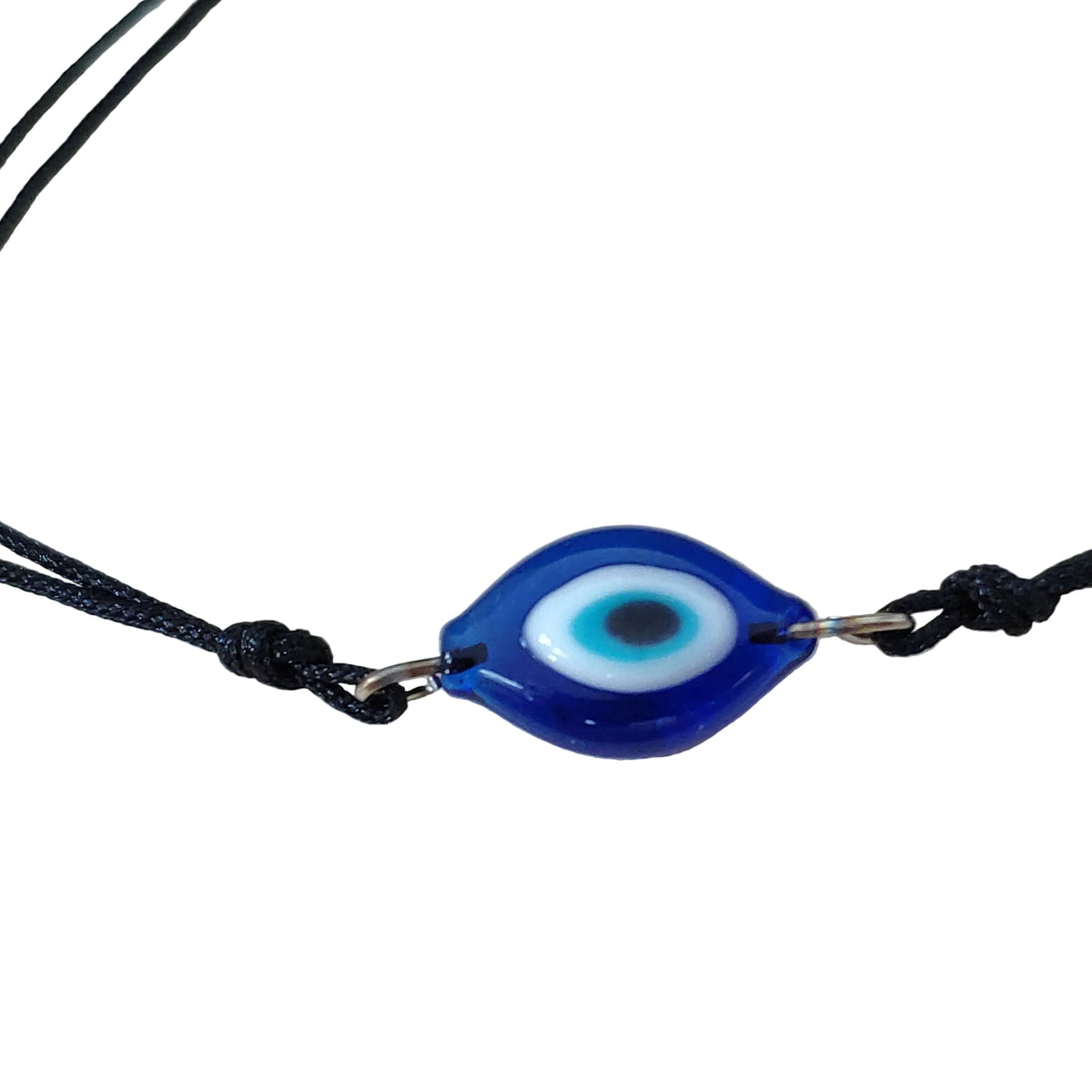Close-up view of black cord bracelet with a blue eye-shaped charm showcasing the glass material on a white background