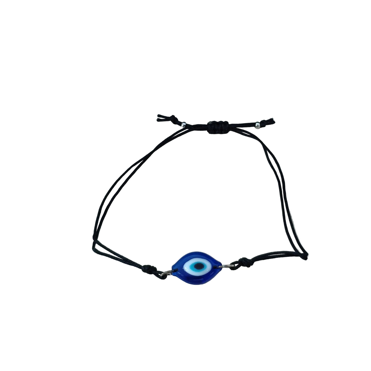 Black cord bracelet with a blue glass eye shaped evil eye charm on a white background