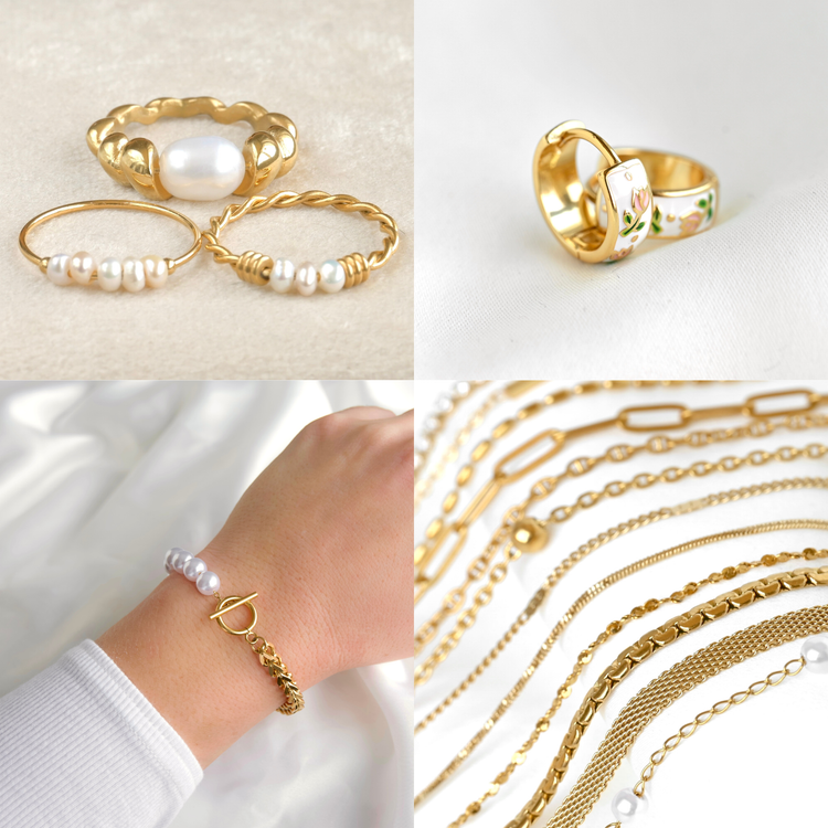Gold jewelry collage: pearl croissant and seed pearl rings, floral enamel huggie hoops, a pearl and wheat chain toggle bracelet, and an assortment of gold chains. Featuring 18k gold PVD plated stainless steel and sterling silver.