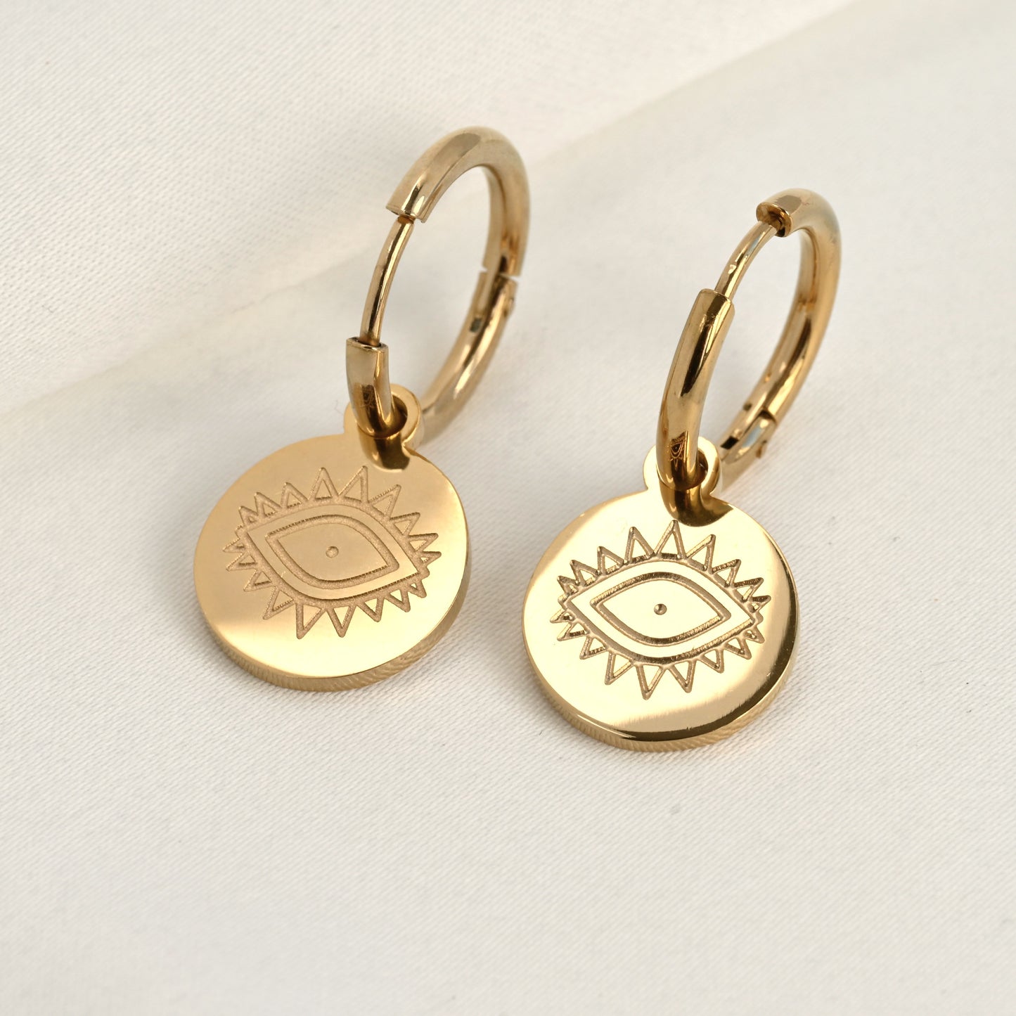 Boho Evil Eye Coin Charm Hoop Earrings - Stainless Steel