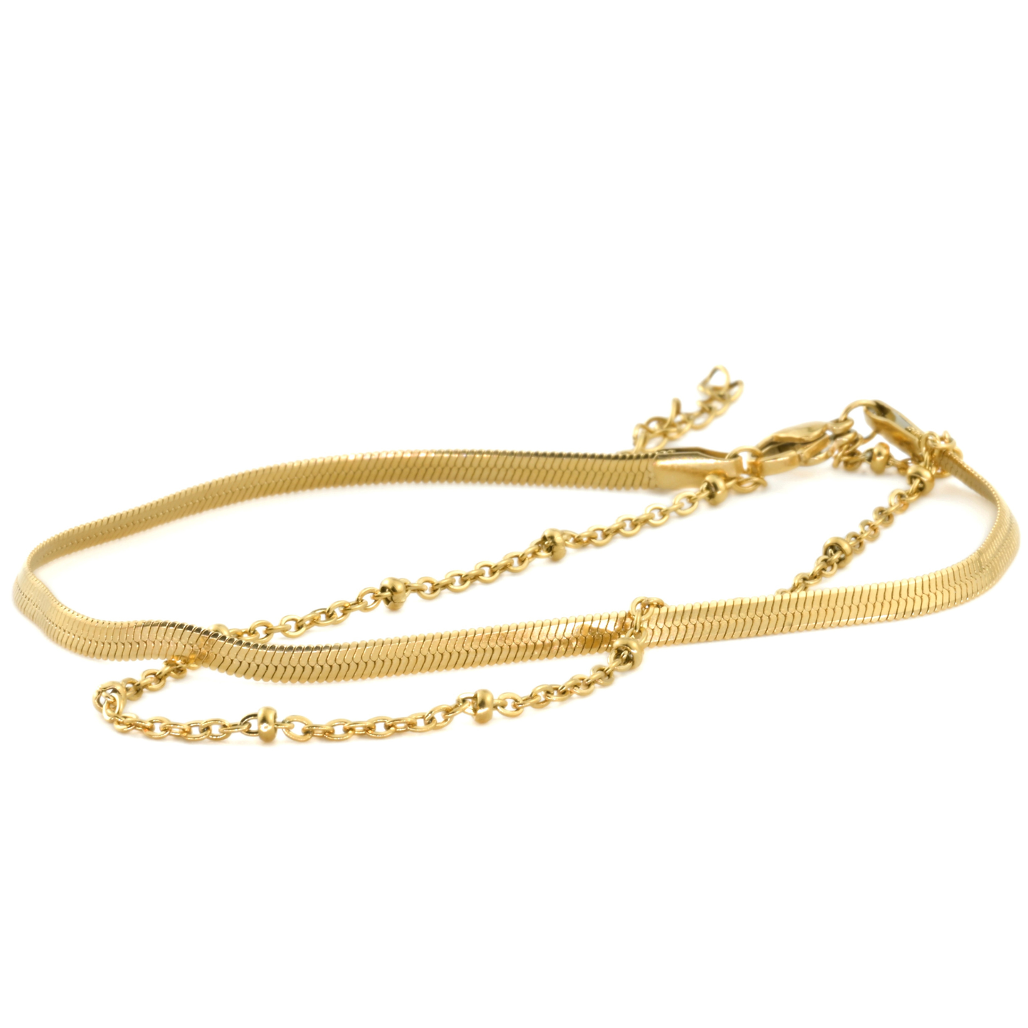 Layered Herringbone Anklet, Gold PVD, Stainless Steel, Waterproof, 8.5"