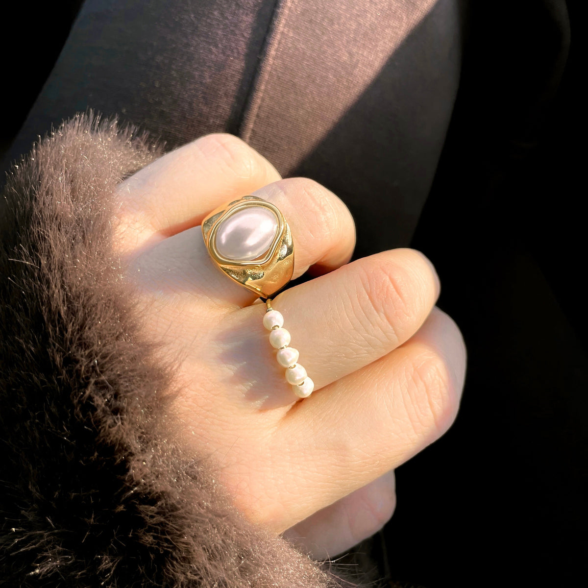 Chunky Gold Pearl Ring - Stainless Steel Statement Ring