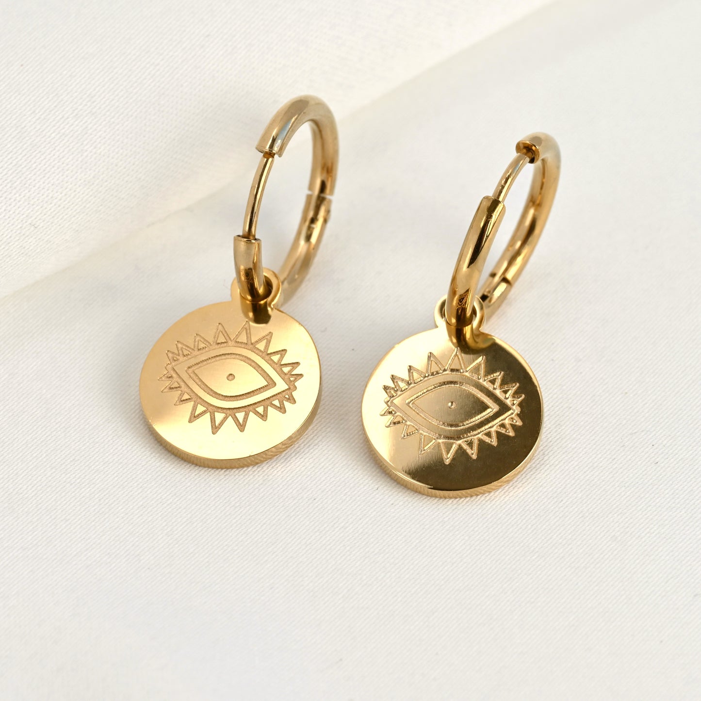 Boho Evil Eye Coin Charm Hoop Earrings - Stainless Steel