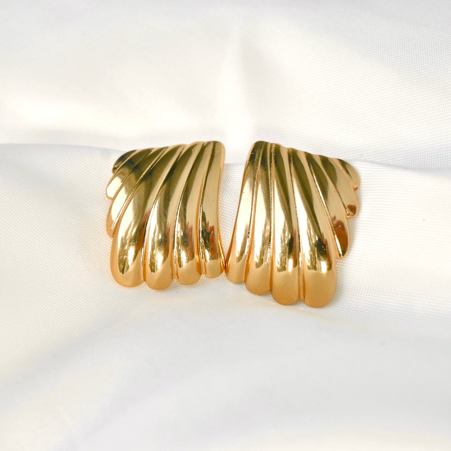 Geometric Gold Ribbed Seashell Earrings - Stainless Steel