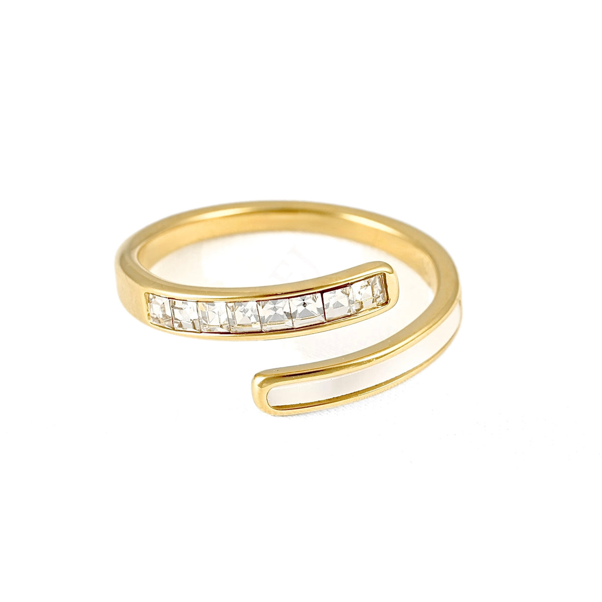 A gold open wrap ring featuring a row of clear square-cut stones on the front band, set against a plain white background.