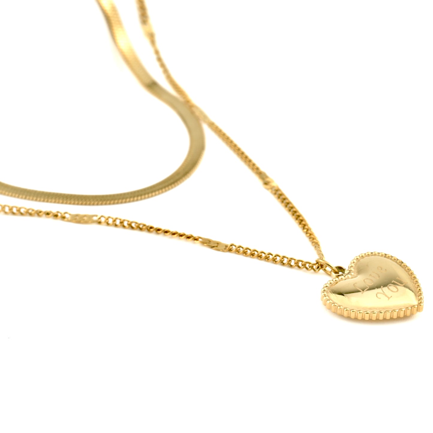 Engraved Heart Pendant & Gold Herringbone Chain, Waterproof Stainless Steel Layered Necklace Set