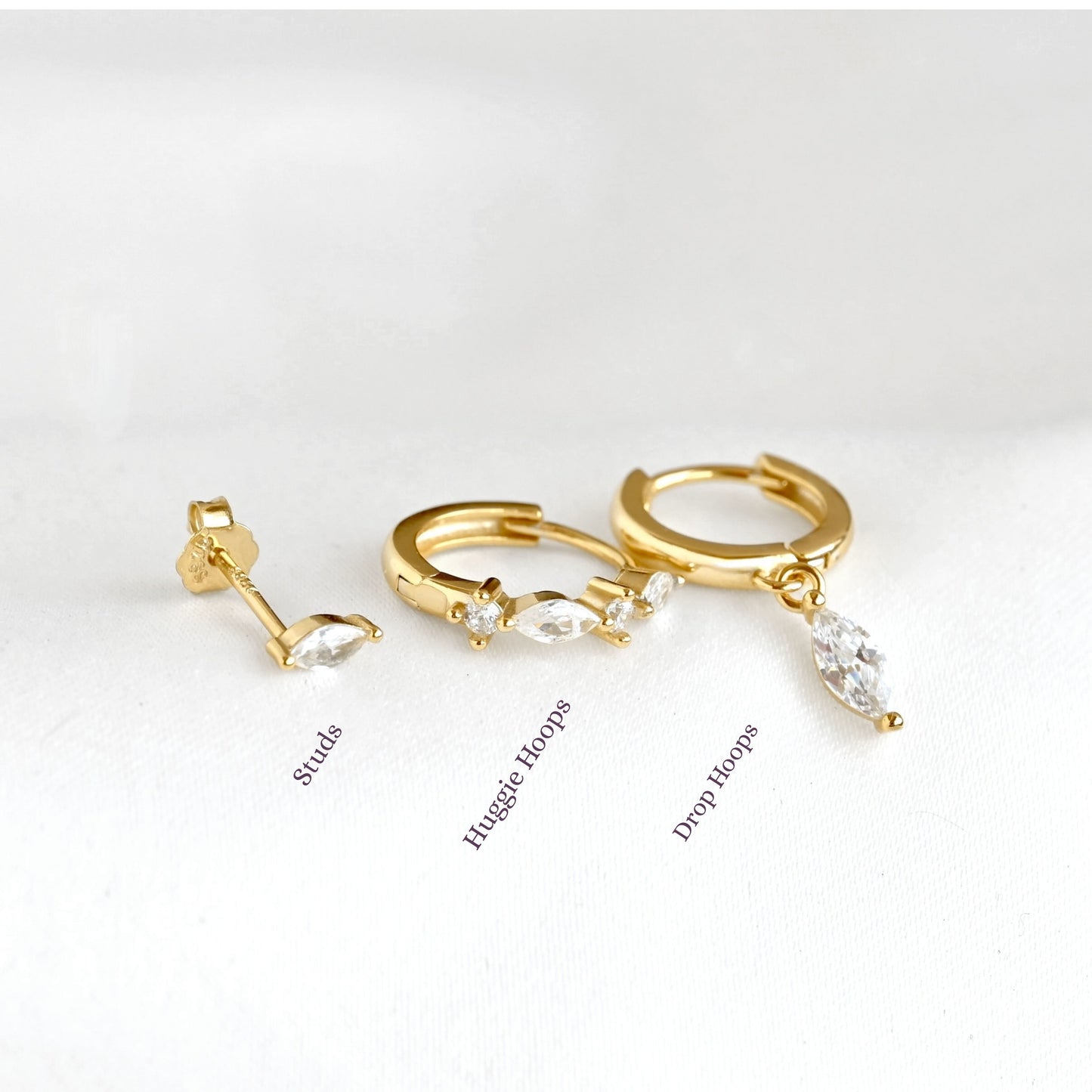 Gold Marquise CZ Earrings - 925 Sterling Silver Earring Set