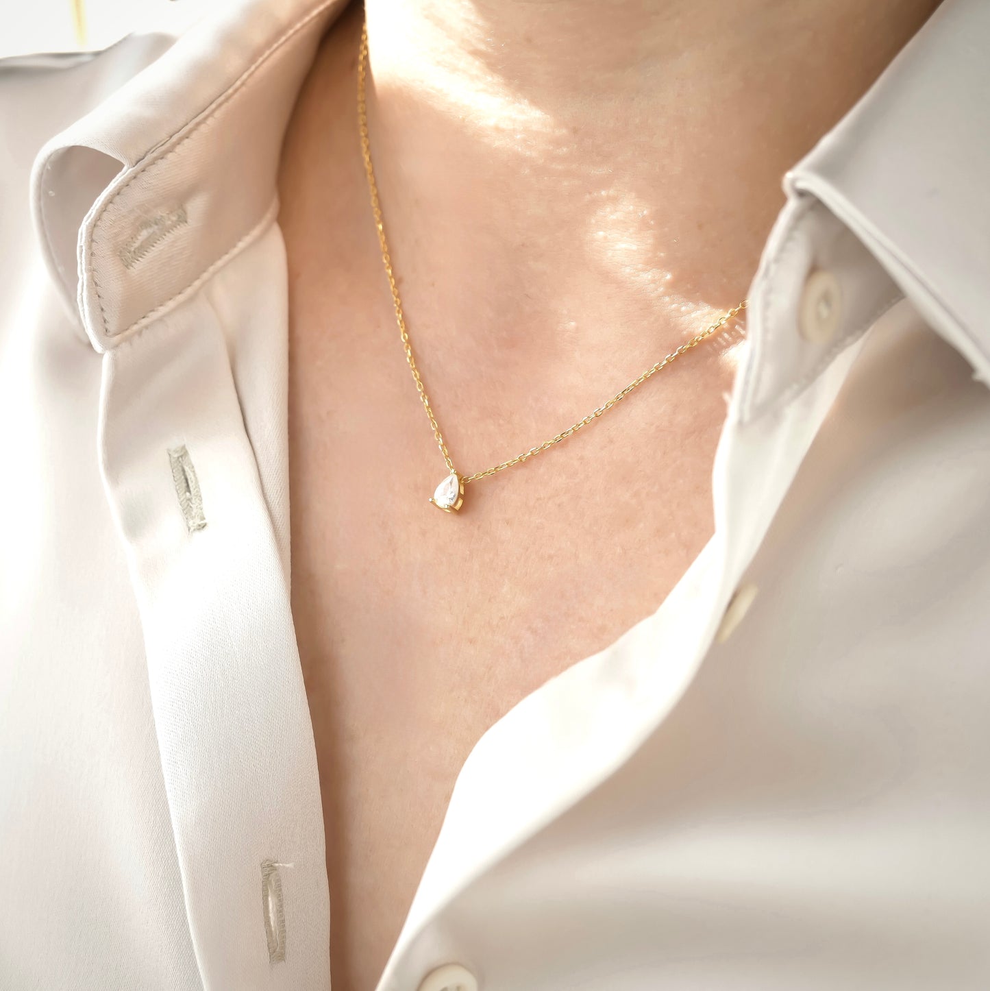 925 Sterling Silver Diamond Charm Necklace, Gold Plated, Teardrop Solitaire Chevron Charms