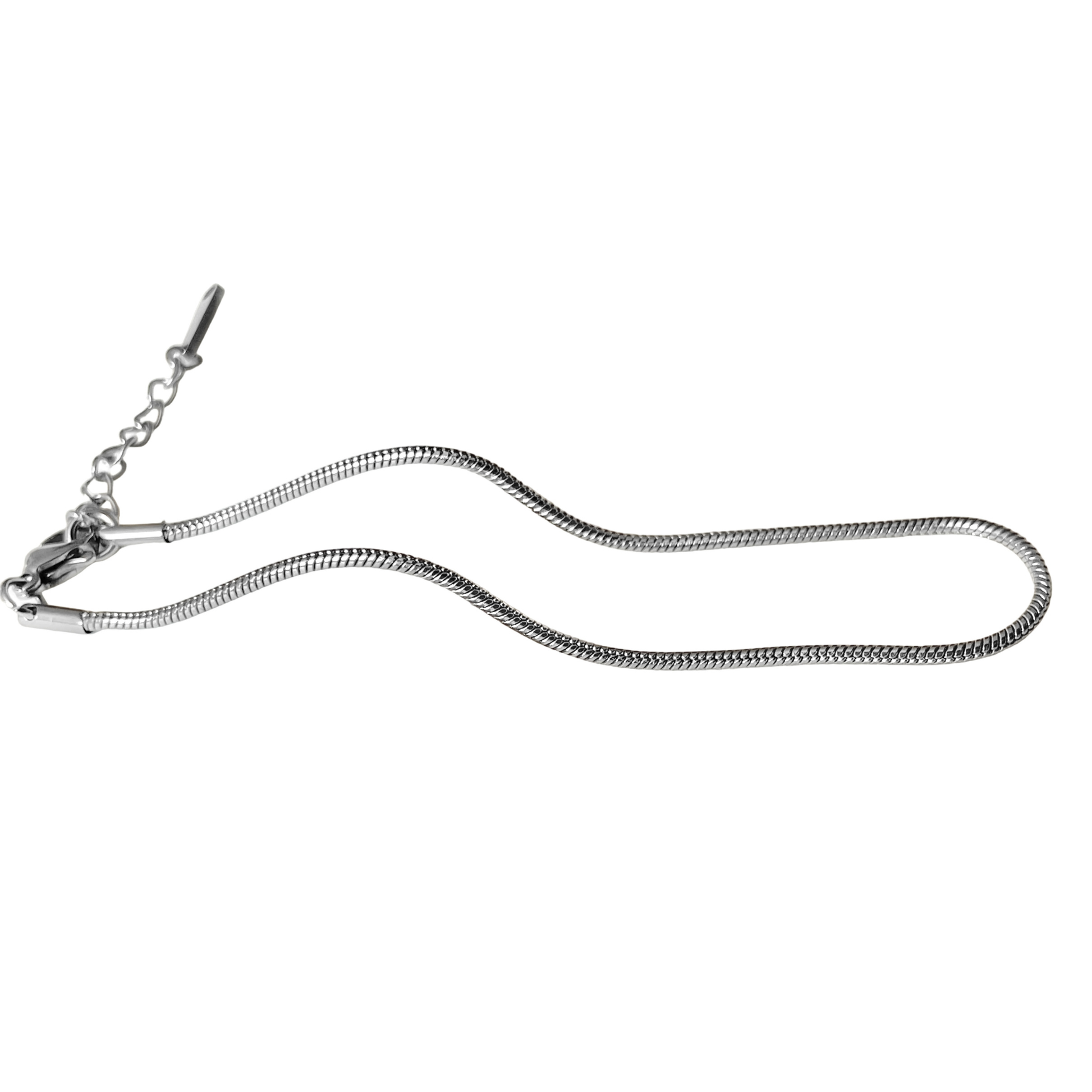 Silver rounded snake chain anklet on a white background