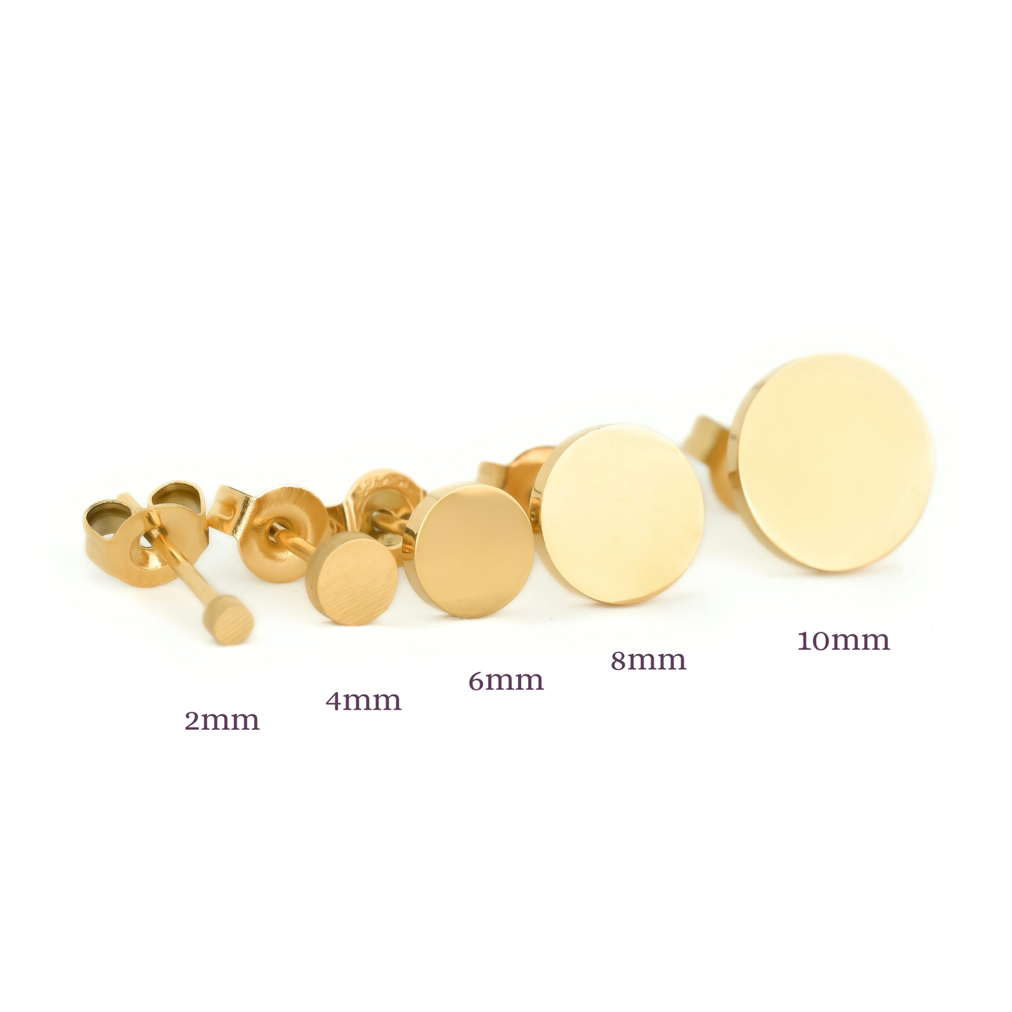 Set of gold disc stud earrings with size measurements, 2mm, 4mm, 6mm, 8mm and 10mm, on a white background