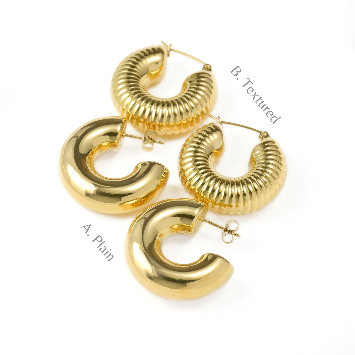 Chunky Gold hoop earrings with smooth and textured designs on a white background