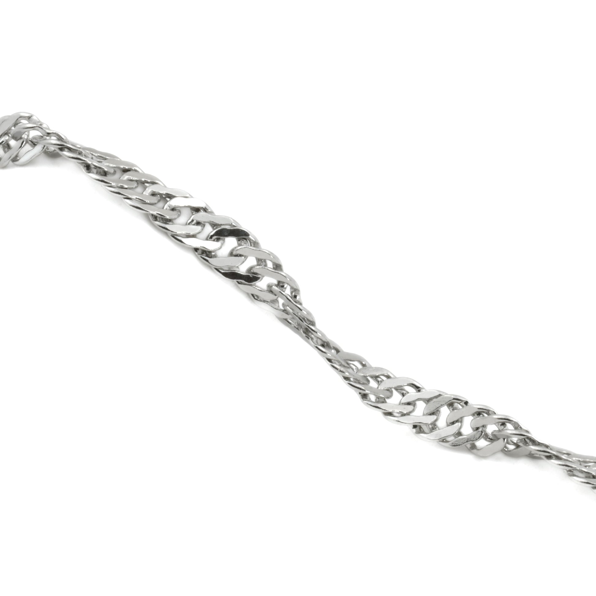 close up view of Silver singapore chain on a white background