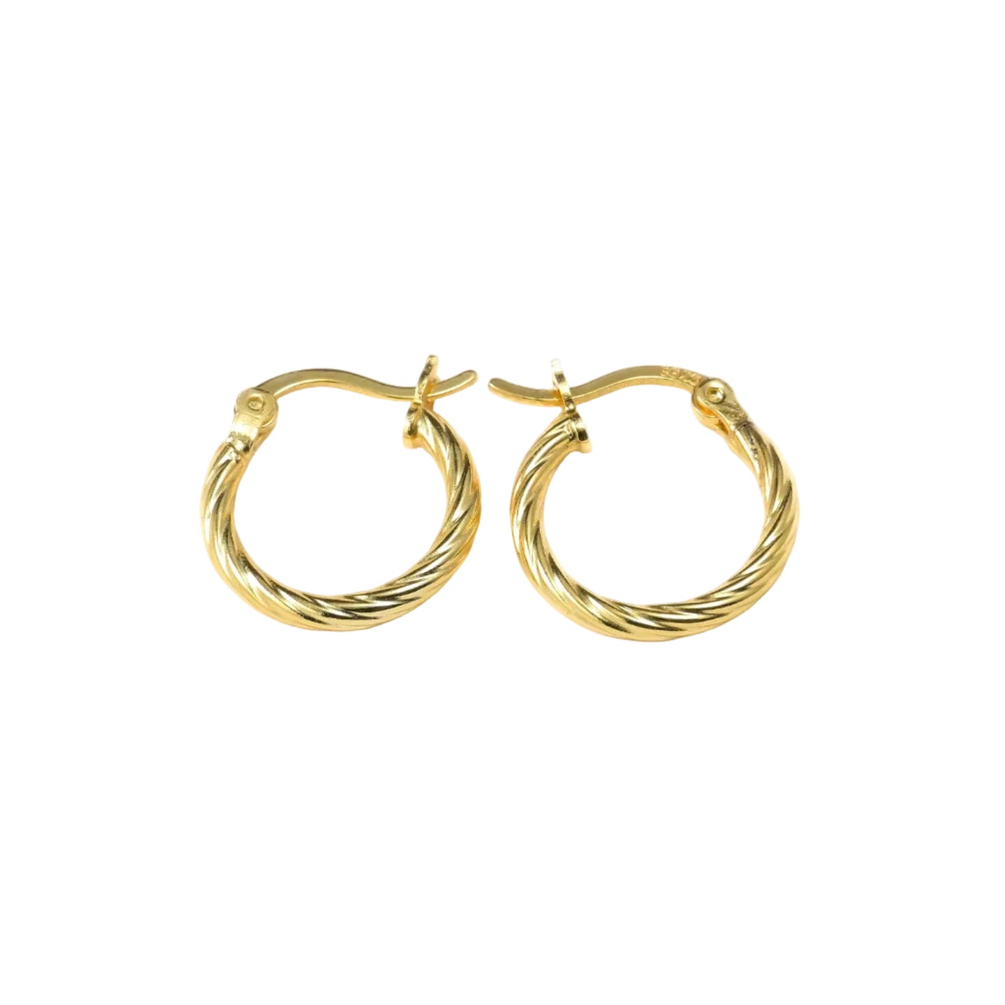 Small twisted Gold hoop earrings on a white background