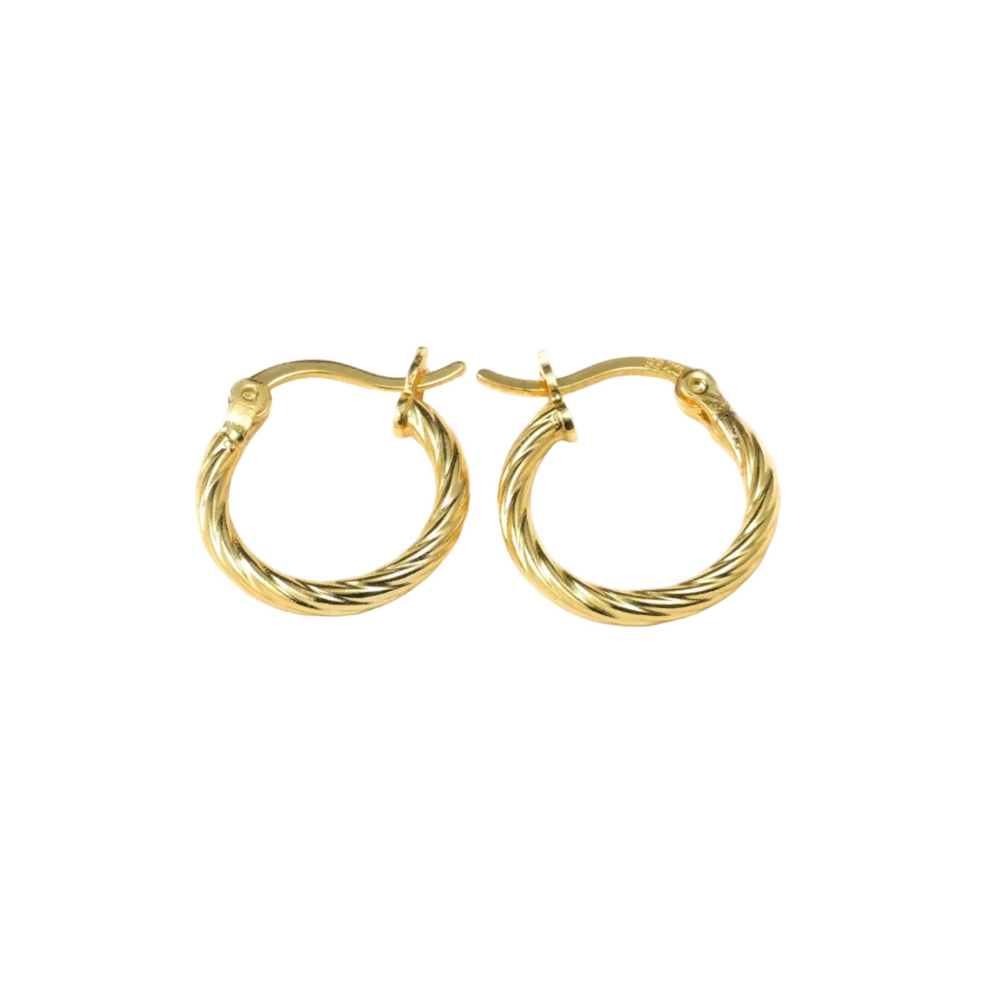 Small twisted Gold hoop earrings on a white background