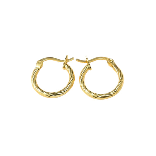 Small twisted Gold hoop earrings on a white background