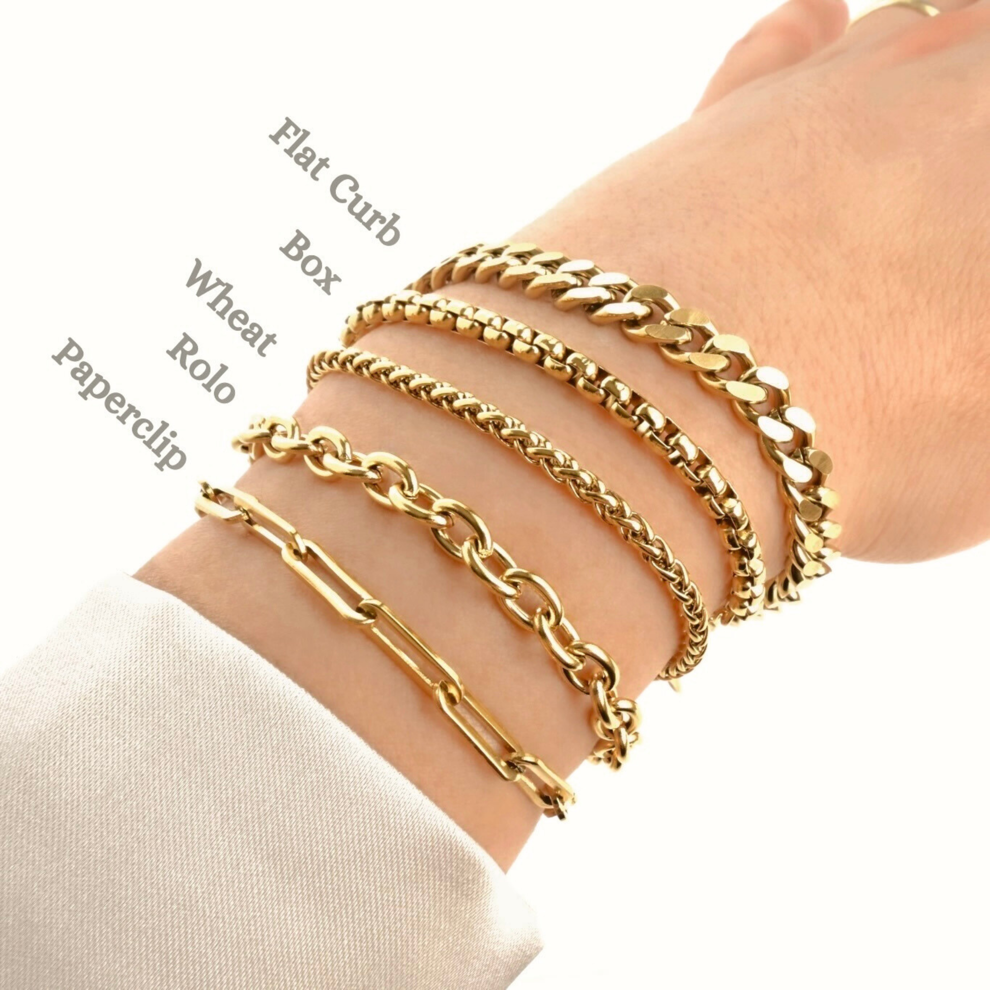 Thick gold chain bracelets on a wrist with labeled styles.