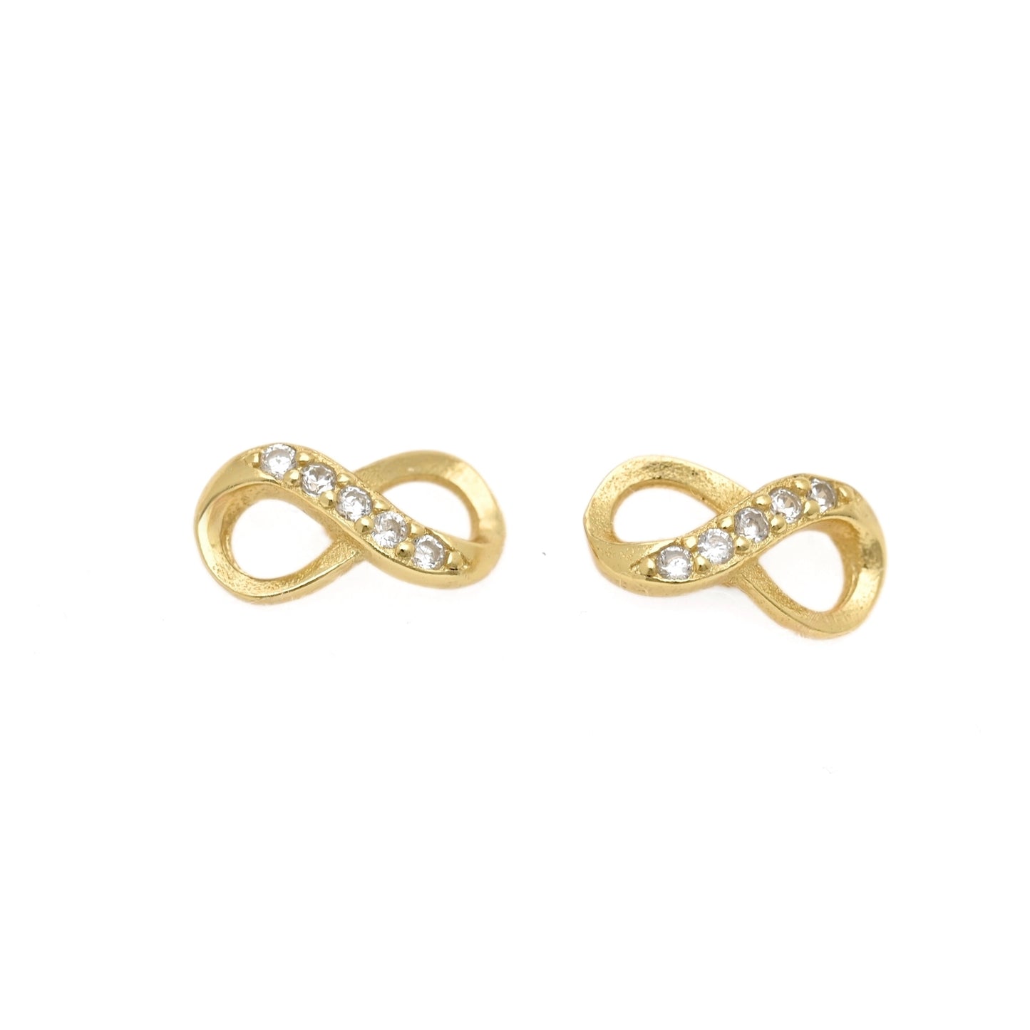 A pair of gold infinity loop stud earrings with a row of clear cubic zirconia stones, shown on a plain white background.