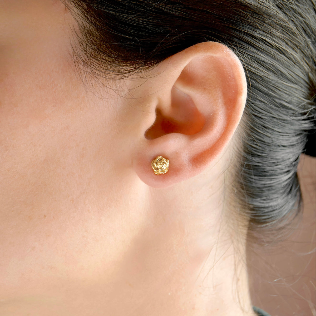 18k Gold Rose Stud Earrings - Stainless Steel Flower Studs