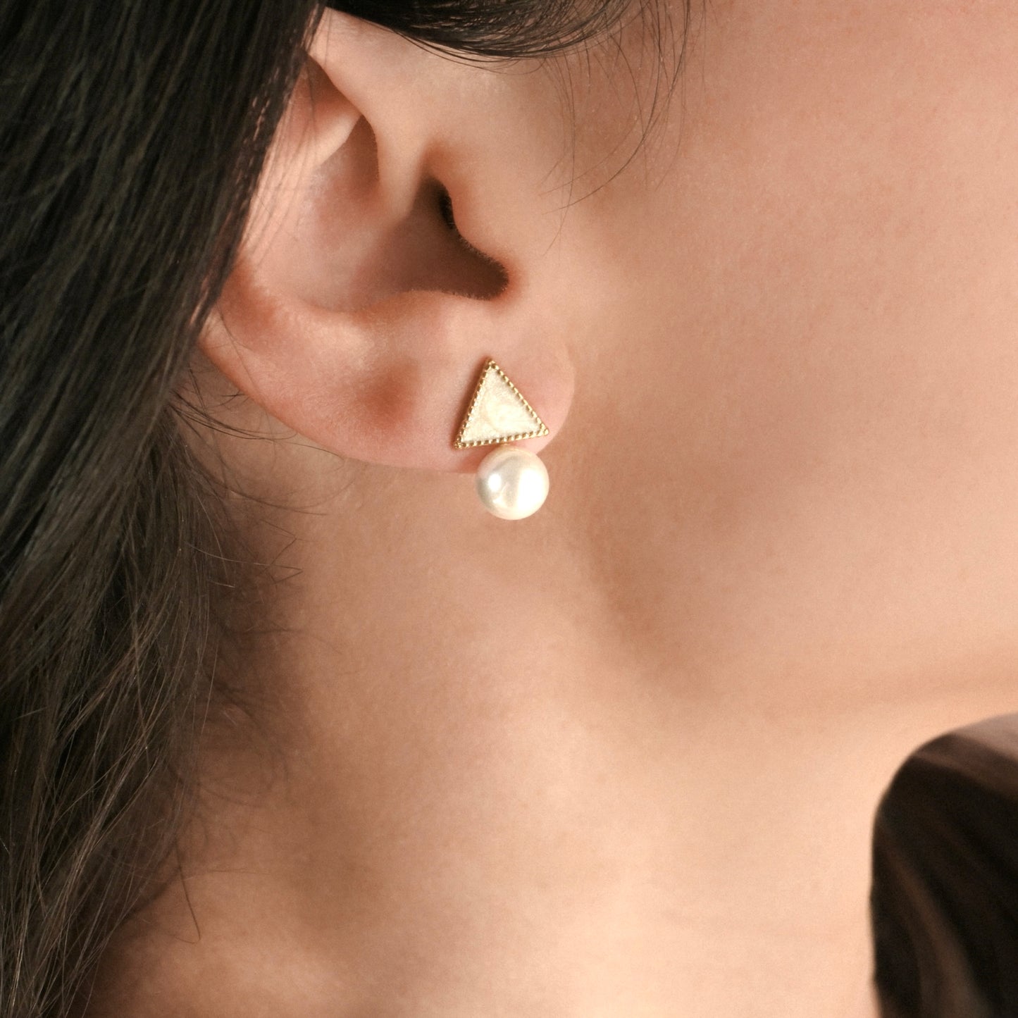 Milgrain Triangle Pearl Earrings - Stainless Steel
