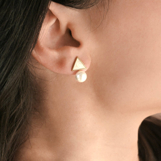 Milgrain Triangle Pearl Earrings - Stainless Steel