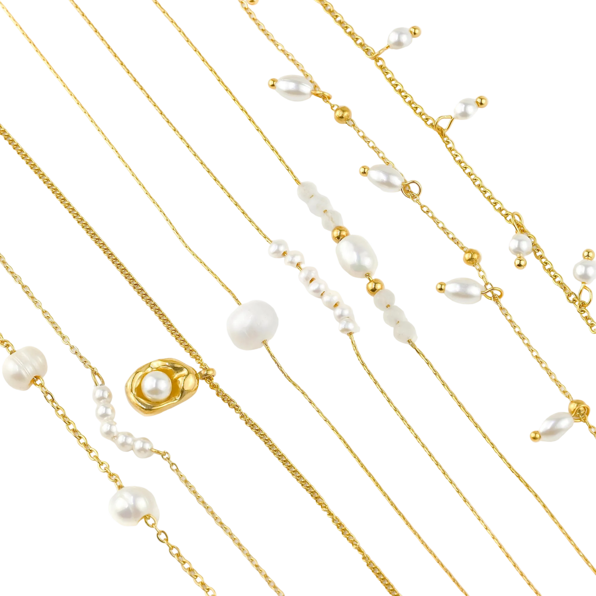Collection of eight gold necklaces with pearls on a white background
