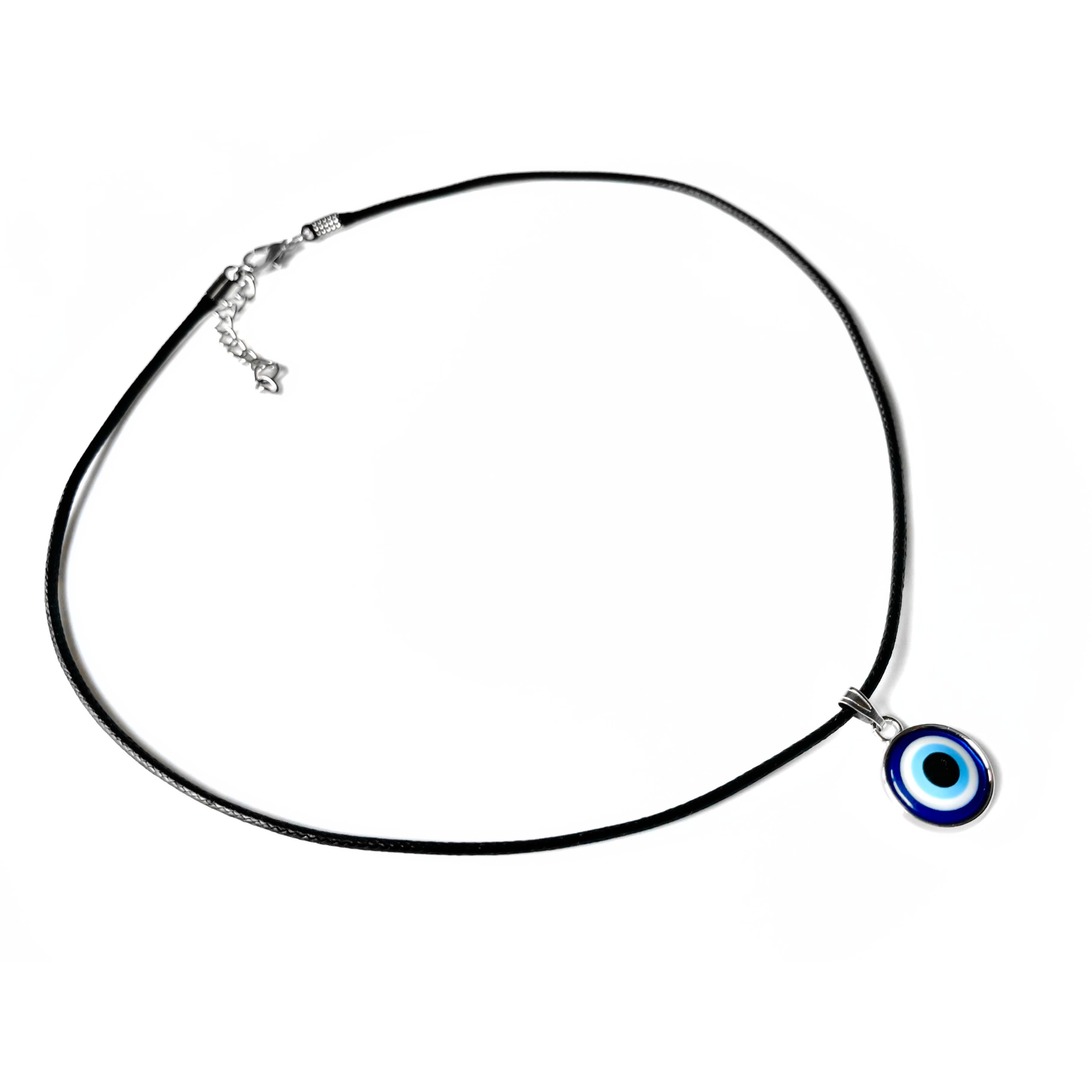 Black cord necklace with a blue and white evil eye pendant on a white background