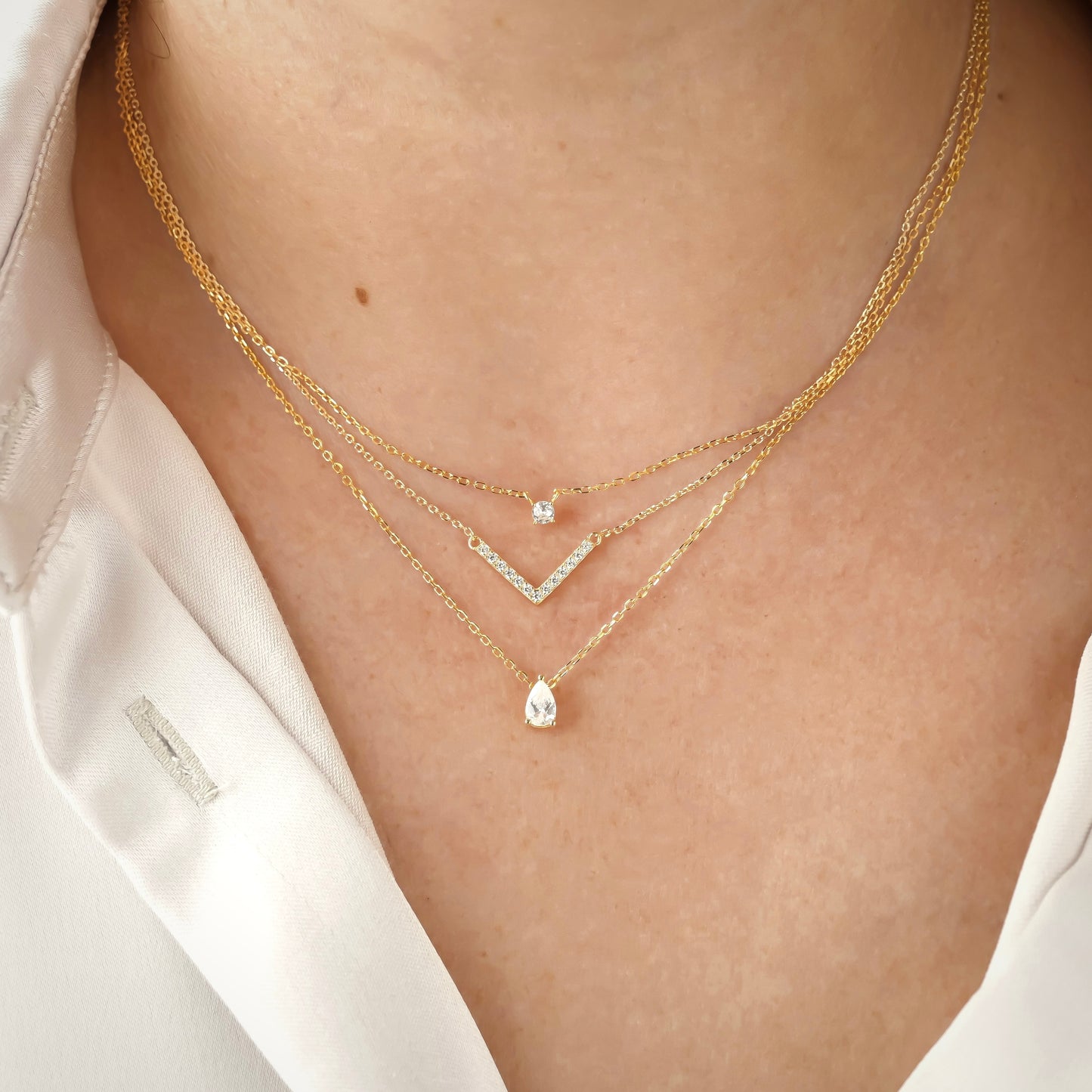 925 Sterling Silver Diamond Charm Necklace, Gold Plated, Teardrop Solitaire Chevron Charms