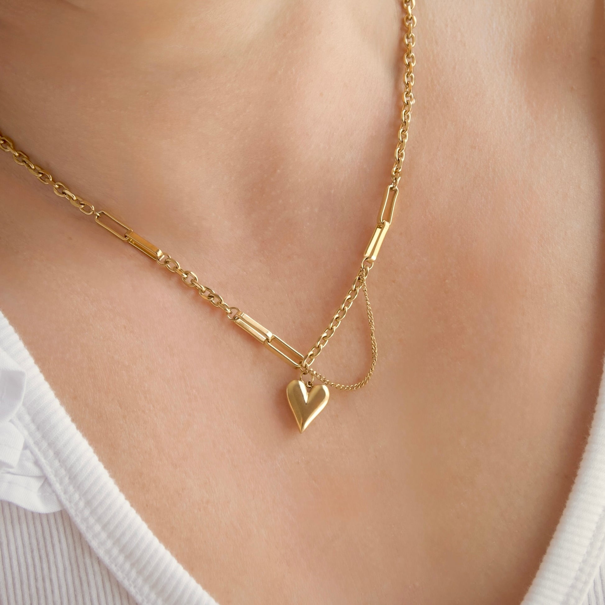 A close-up of a delicate gold necklace with a small heart-shaped pendant, worn on a model's neck over a white ribbed top.