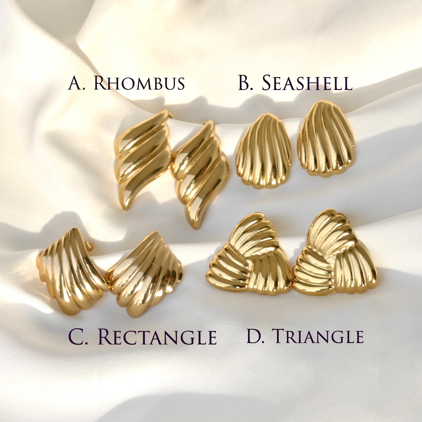 Geometric Gold Ribbed Seashell Earrings - Stainless Steel