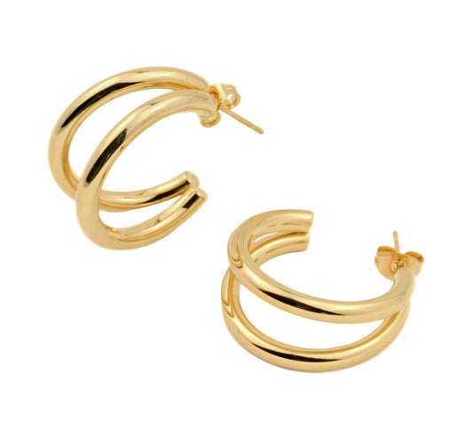 Gold double hoop earrings on a white background