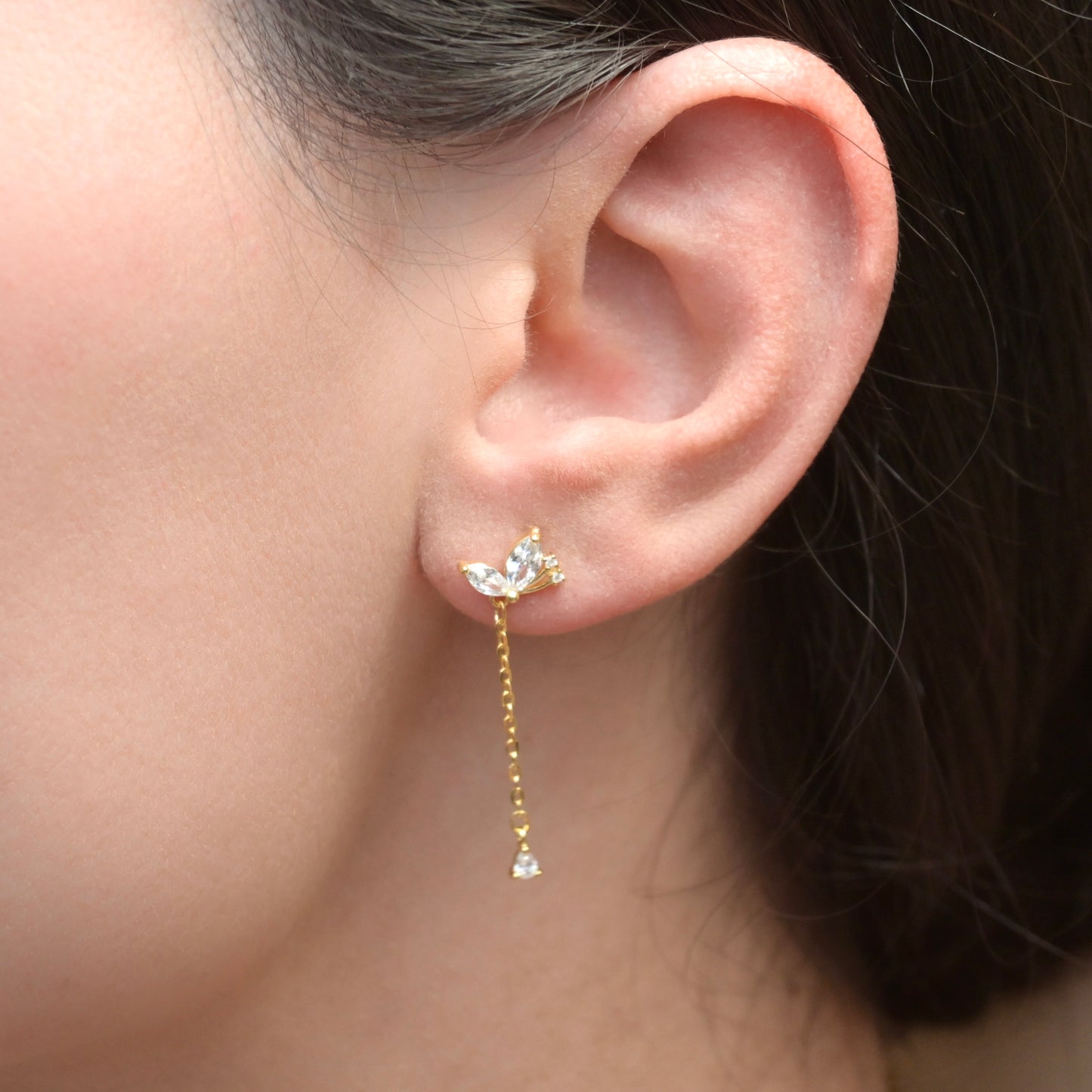 Marquise Butterfly Stud Earrings with Chain Drop - 925 Sterling Silver