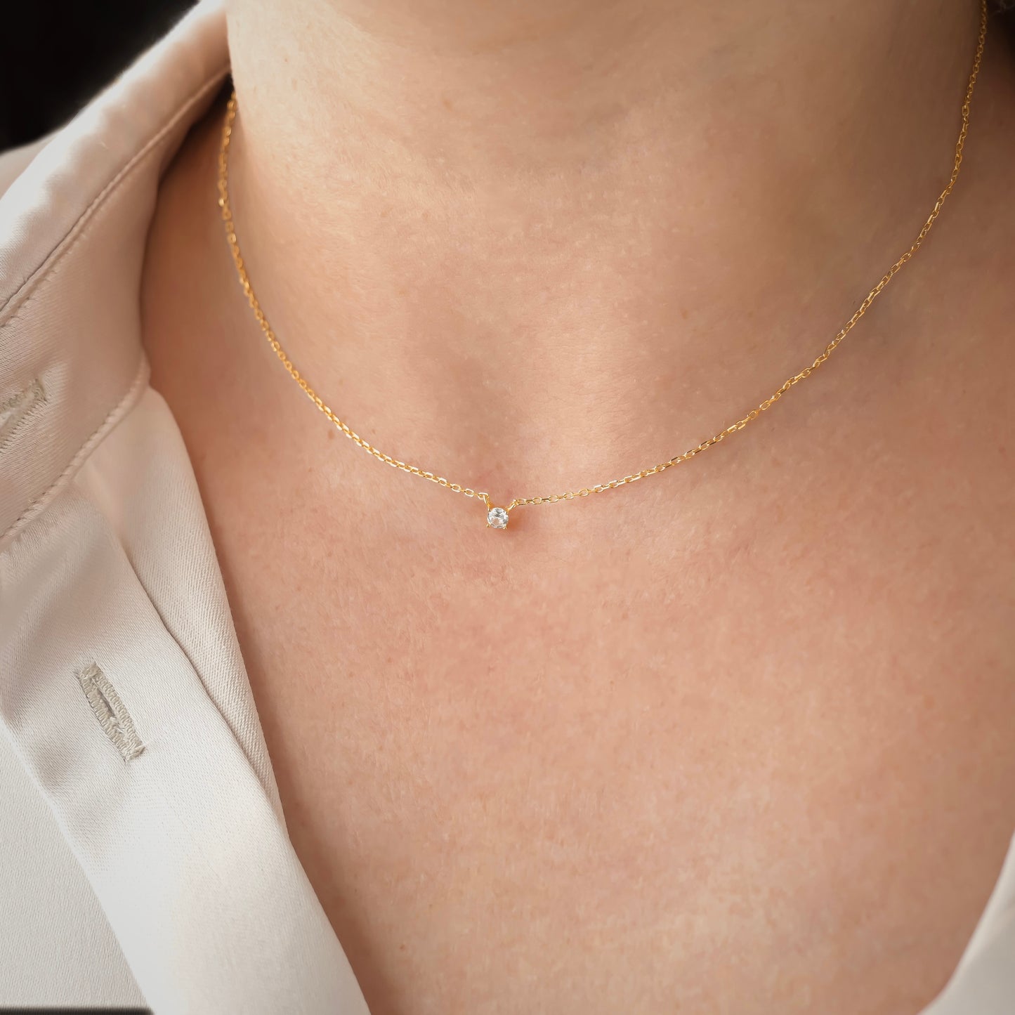 925 Sterling Silver Diamond Charm Necklace, Gold Plated, Teardrop Solitaire Chevron Charms