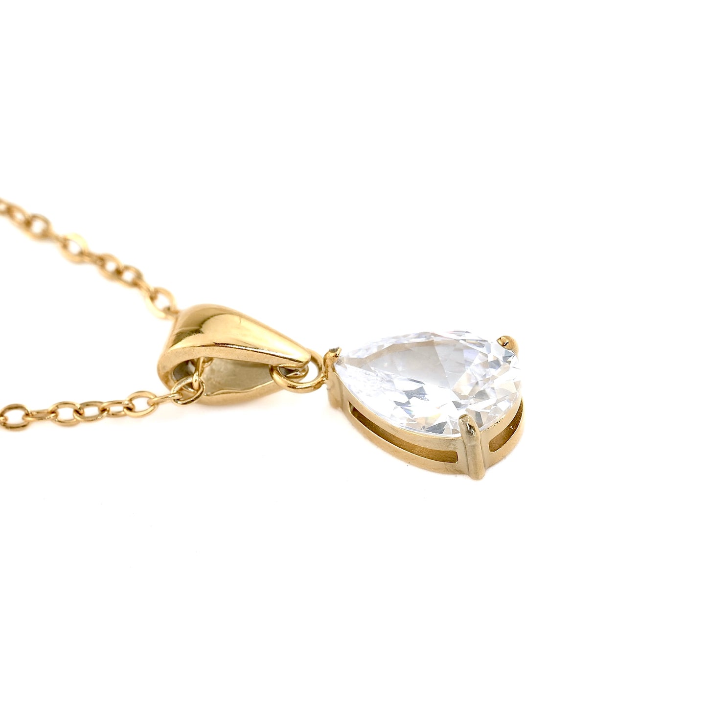 gold necklace with pear cut april  birthstone 'diamond' on a white background