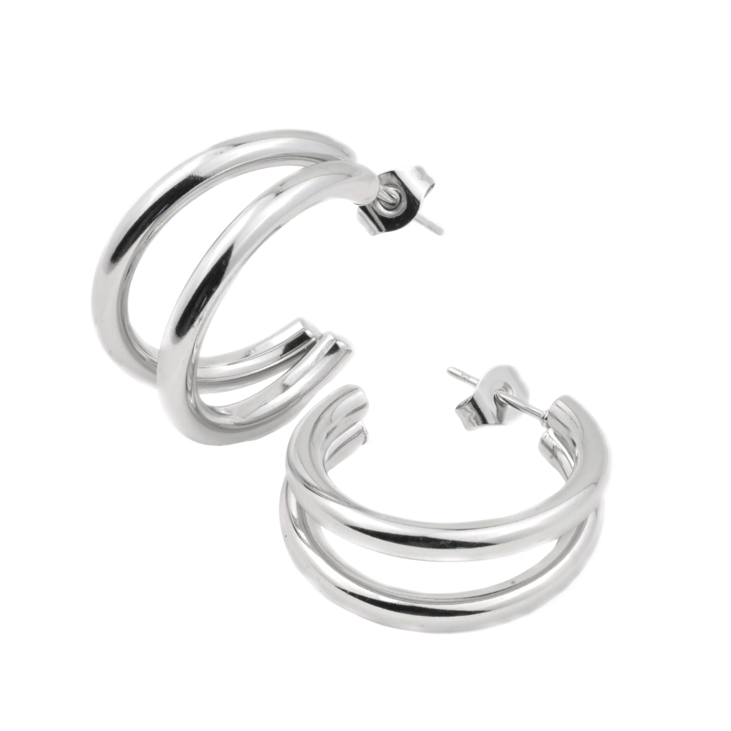 Silver hoop earrings on a white background