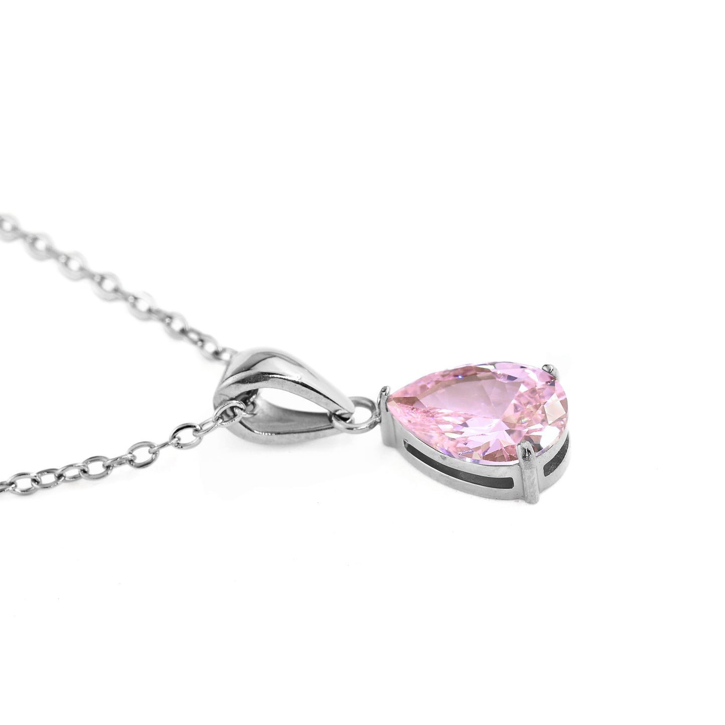 silver necklace with pear cut october birthstone 'tourmaline' on a white background