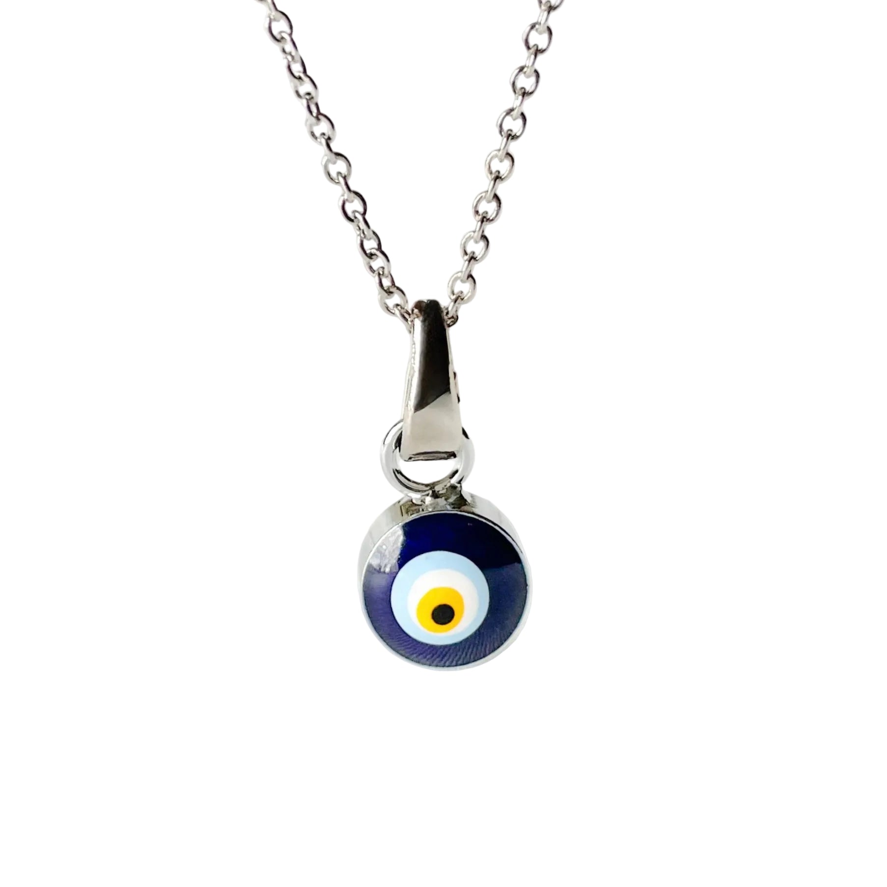 Silver necklace with a blue evil eye pendant on a white background