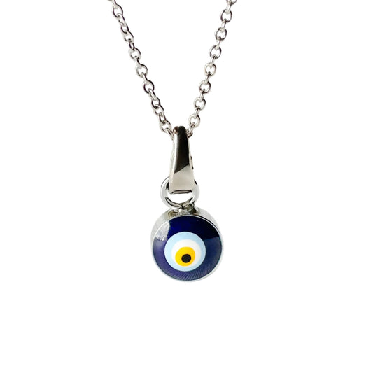 Silver necklace with a blue evil eye pendant on a white background