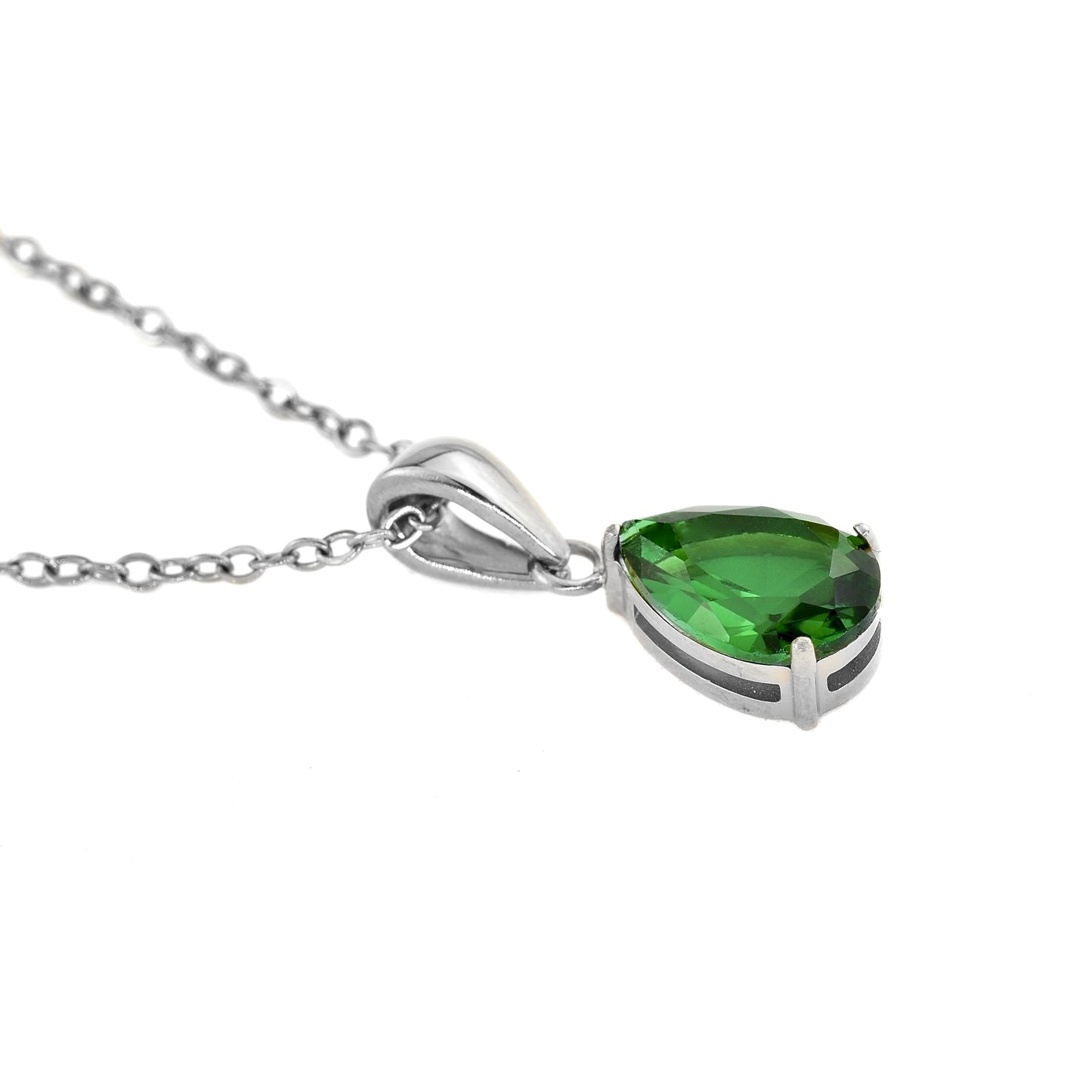 silver necklace with teardrop may birthstone 'emerald' on a white background