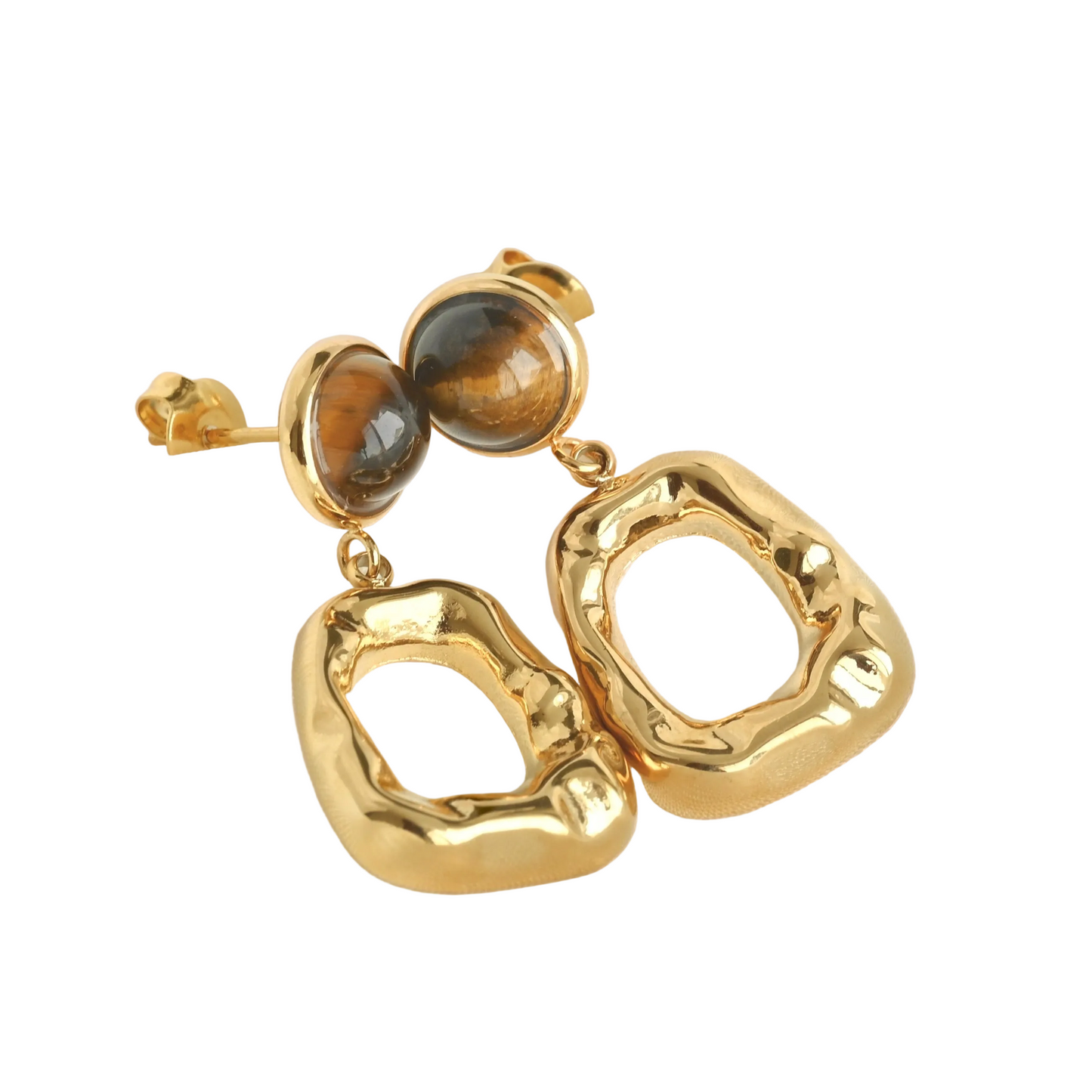 Organic-shape drop earrings with tiger eye stones on a pure white background