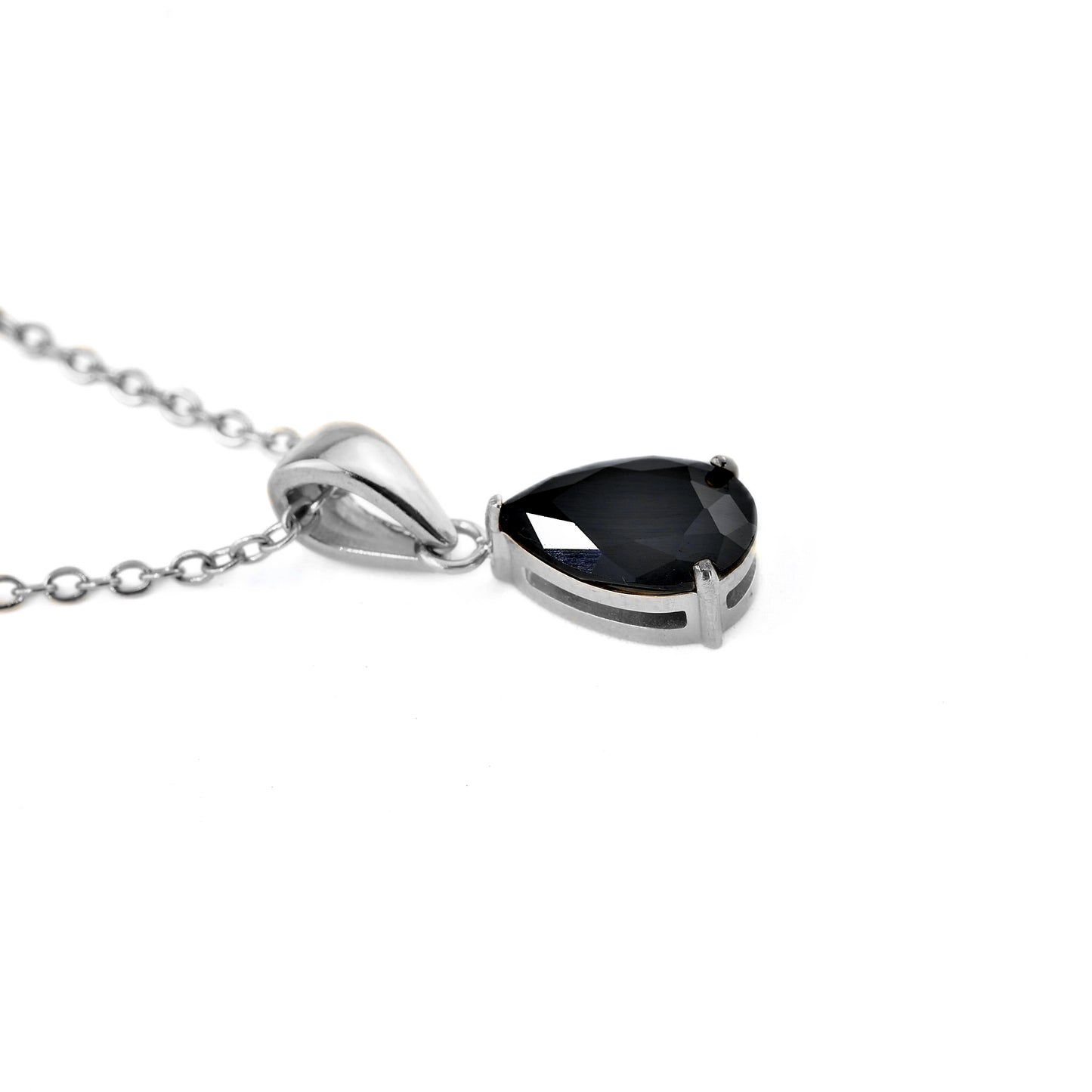 Necklace with a black teardrop pendant on a white background