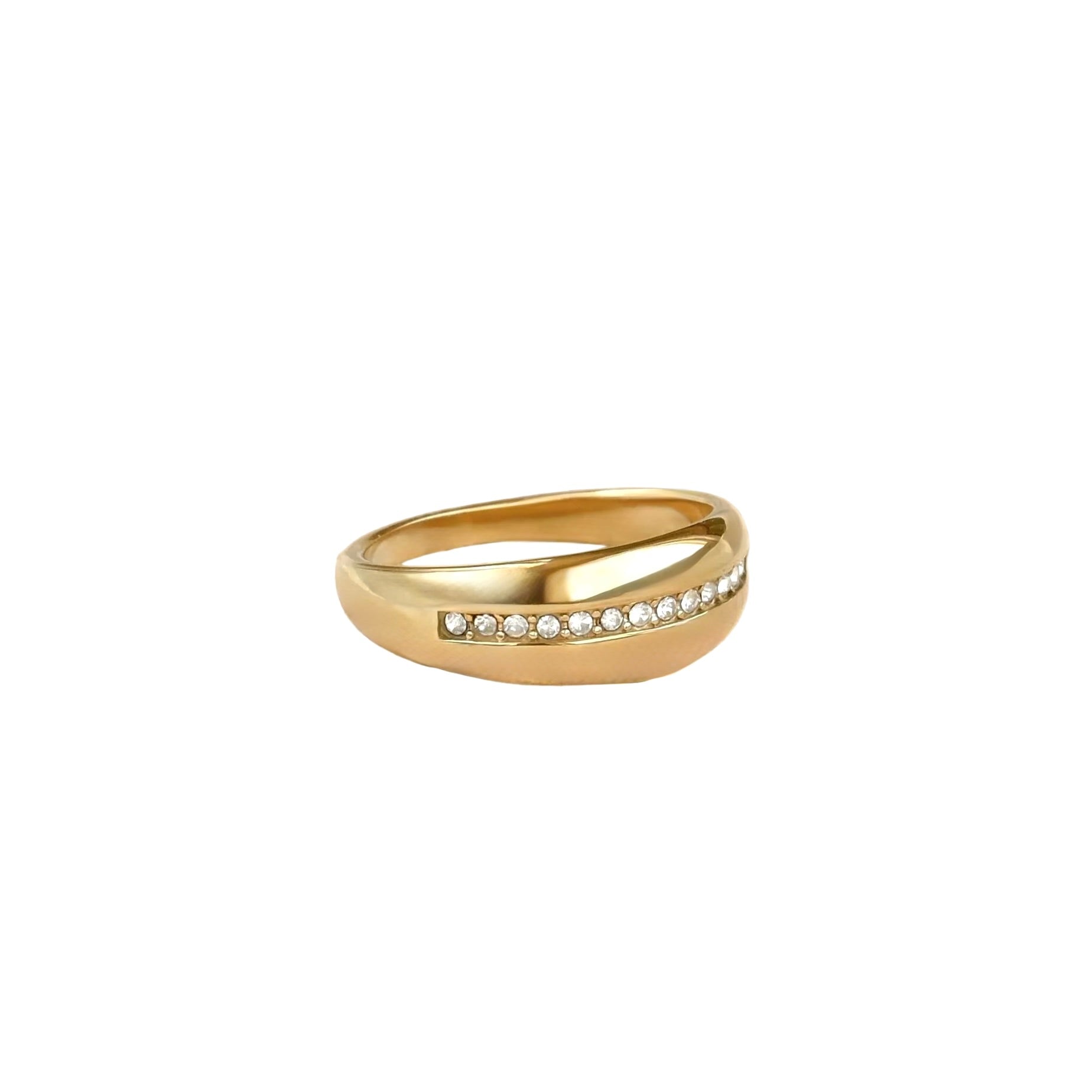 Gold CZ line dome ring with small diamonds on a white background