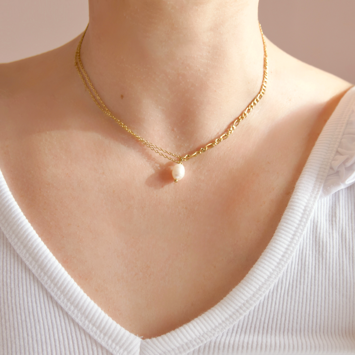 Mixed Chain Pearl Necklace - Stainless Steel Figaro & Cable