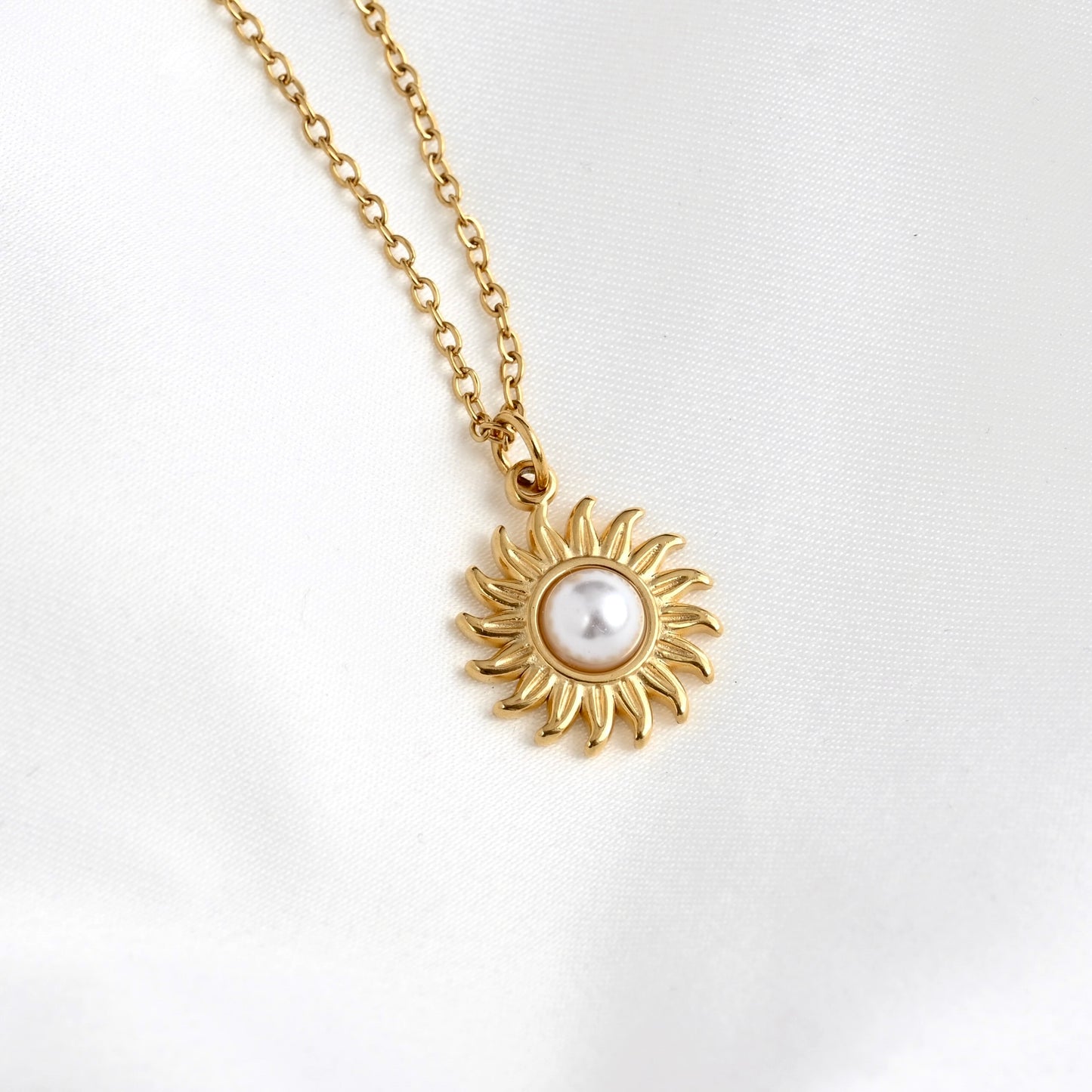 Gold Pearl Sun Necklace - Stainless Steel