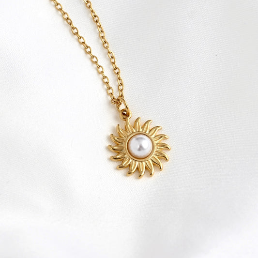 Gold Pearl Sun Necklace - Stainless Steel