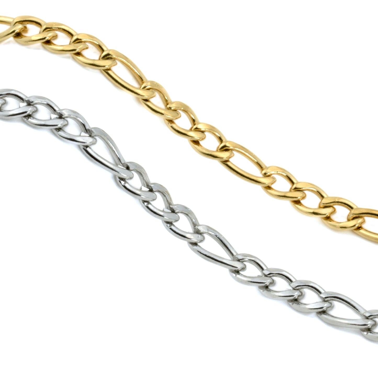 Two layerinf chain necklaces, one gold and one silver, on a white background.