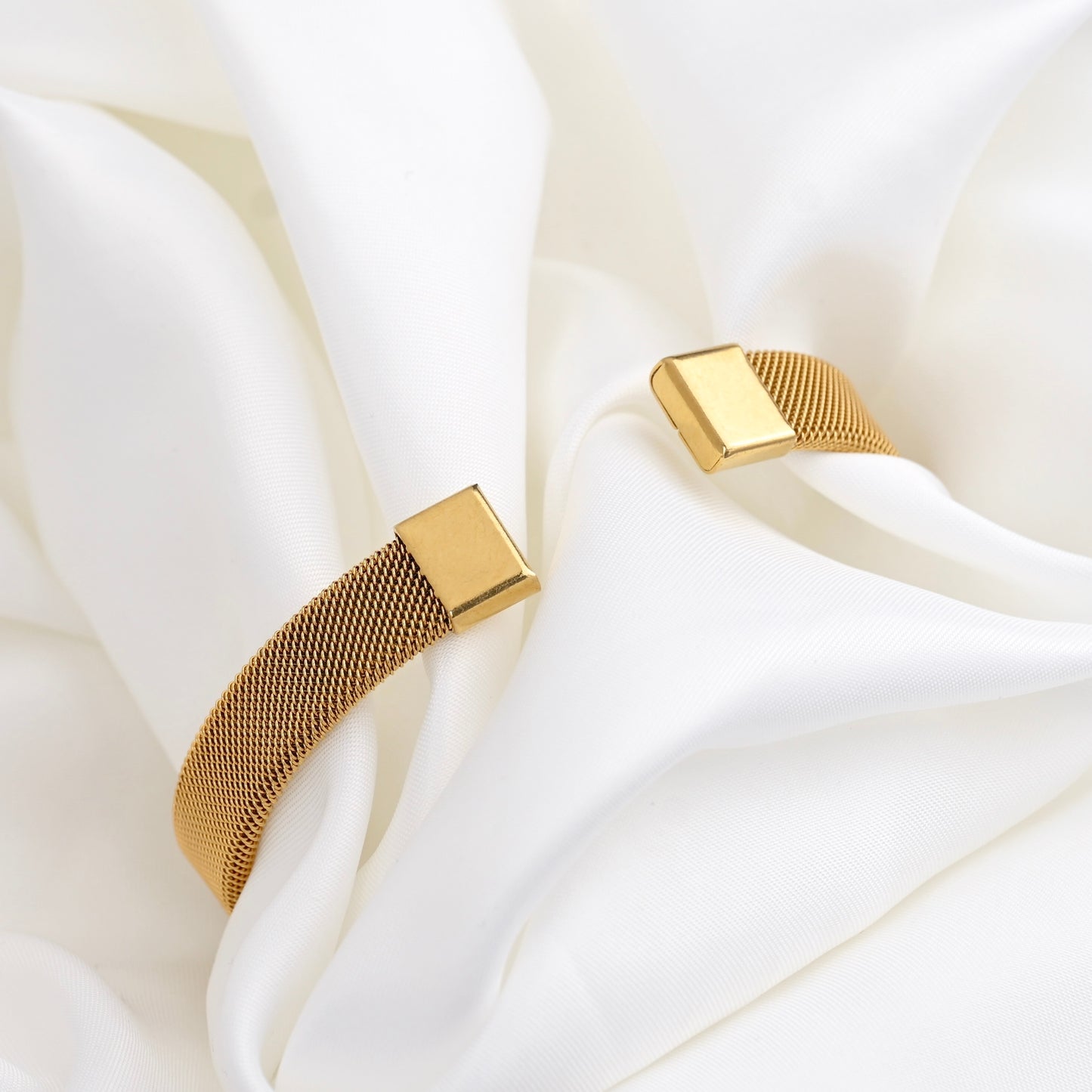 Wide Gold Mesh Cuff Bracelet - Stainless Steel Open Bangle